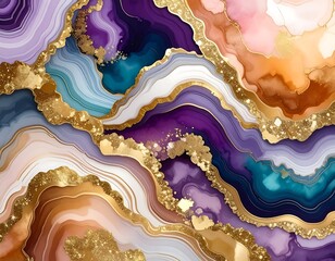 Colorful, abstract artwork depicting layers of agate, featuring gold accents and flowing textures
