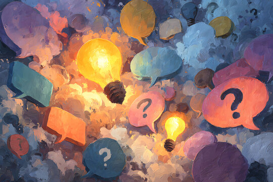 Creative idea or problem solving concept. Light bulb and question mark on speech bubbles.