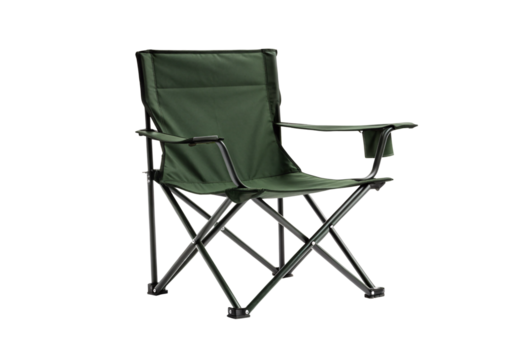 Green folding camping chair with armrests and cup holder for outdoor activities, isolated on a transparent background