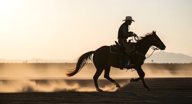 Powerful cowboy riding horse at golden dusk with trailing dust and vast desert horizon.
