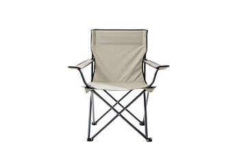 Fototapeta premium Folding camping chair with beige fabric seat, black metal frame, and armrests, isolated on a transparent background