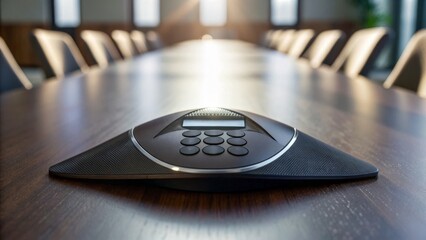 Conference room equipment on a polished wooden table.