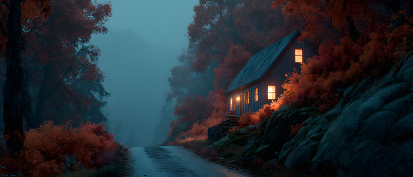 Curved forest road lined with glowing orange autumn trees and cozy cabin lights beside river in misty mountain valley at dusk - Powered by Adobe