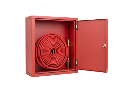 Open fire safety cabinet displaying neatly coiled red emergency hose with brass fittings, isolated on a transparent background
