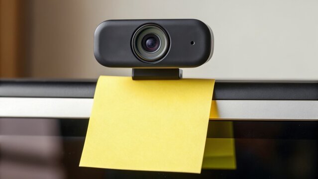 Webcam with a yellow sticky note on a computer monitor.