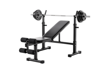 Weight lifting bench with barbell, black padded seat, adjustable rack, leg extension attachment, isolated on a transparent background