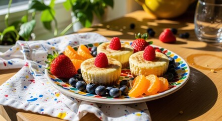 A delightful plate of mini cheesecakes topped with fresh raspberries and surrounded by blueberries, strawberries, and orange slices, perfect for a healthy breakfast or dessert