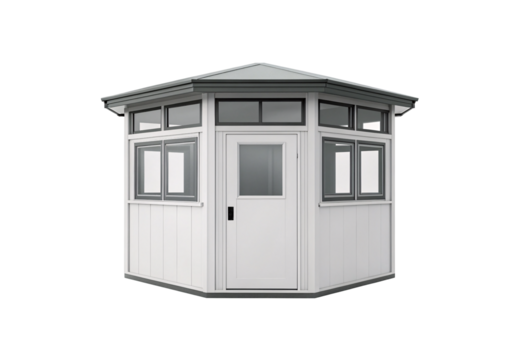 Modern white hexagonal garden shed with gray trim, multiple windows, door, pitched roof, isolated on a transparent background