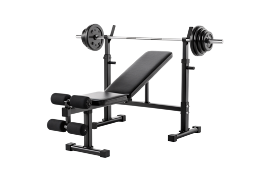 Weight lifting bench with barbell, black padded seat, adjustable rack, leg extension attachment, isolated on a transparent background