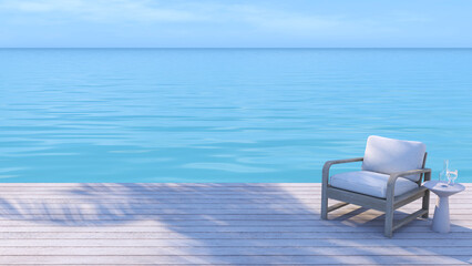 Wooden easy chair on the seaside terrace, sunny blue sea view with white clouds. 3d illustration.