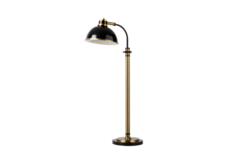 Adjustable desk lamp with black dome shade, brass and black telescoping pole, isolated on a transparent background