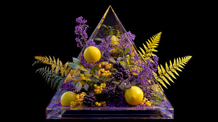 Triangular glass acrylic box containing yellow and purple flowers, ferns, lilac berries, yellow fruits