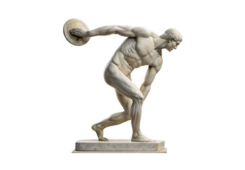 Classical marble statue of athletic figure throwing discus, muscular form in dynamic pose, isolated on a transparent background