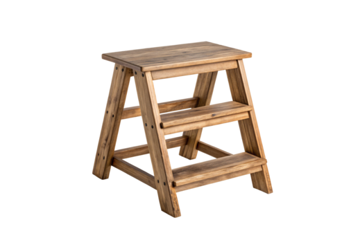 Wooden three-step ladder stool with natural finish and visible grain patterns, A-frame design, isolated on a transparent background