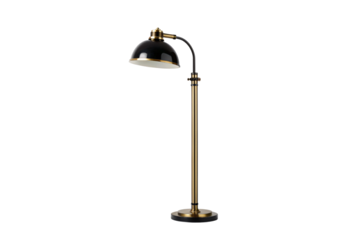 Adjustable desk lamp with black dome shade, brass and black telescoping pole, isolated on a transparent background - Powered by Adobe