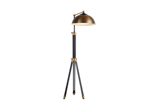Tripod floor lamp with brass dome shade, black legs, industrial vintage design, isolated on a transparent background