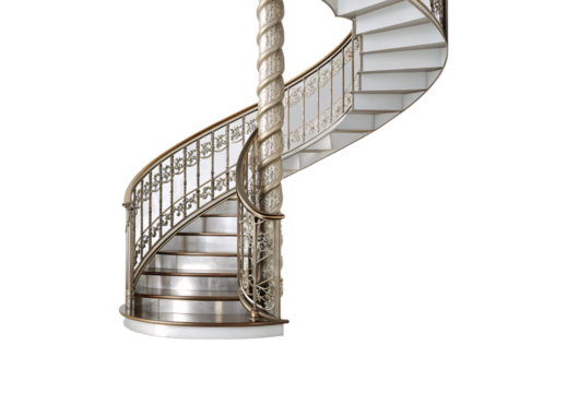 Ornate spiral staircase with decorative brass railings, white steps, classical architectural design element, isolated on a transparent background