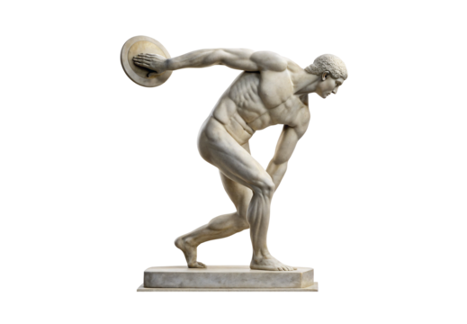 Classical marble statue of athletic figure throwing discus, muscular form in dynamic pose, isolated on a transparent background
