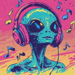Colorful comic-style alien illustration wearing big headphones surrounded by musical notes, vibrant and playful.