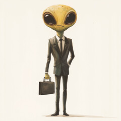Gouache illustration of a funny alien in a business suit holding a briefcase, standing confidently on a clean background. Whimsical and surreal conceptual character design.