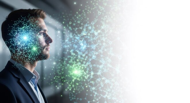 Man with glowing neural network overlay on face and emerging from his head. Ai mind with biopolymers and molecular connection to bioprinting concept. - Powered by Adobe