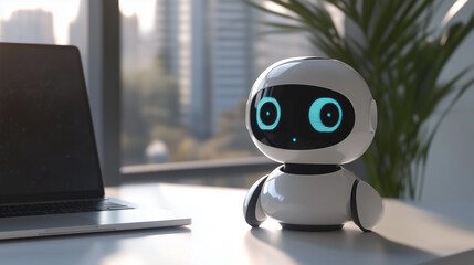 Cute futuristic desktop robot with glowing blue eyes sitting beside a laptop in a modern office space.