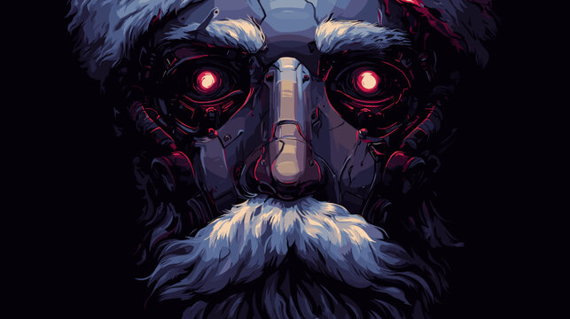 Scary Robot Santa Face, Vector Illustration. Horror  Fantasy Concept