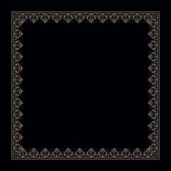 Square gold on black ornament frame.  Lace ornament. Decorative frame. Detail and element for design and postcards, Sandblasting, ceramic, patchwork, Borders and frames