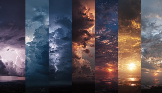 Sequence of stormy to sunset sky images showing dramatic cloud formations and lighting