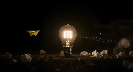 Illuminated Light Bulb Amidst Dark Surroundings with Paper Airplane and Scattered Debris.