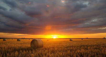 Golden Sunset Over a Field of Hay Bales and Wheat, Dramatic Sky.