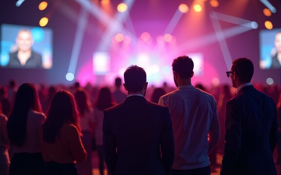 A team of event planners organizing a large event, blurred background. High quality