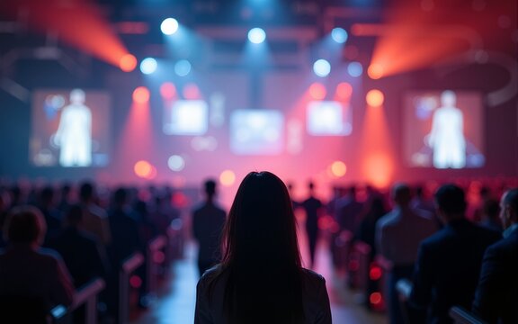 A team of event planners organizing a large event, blurred background. High quality