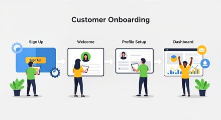 Customer Onboarding Process: Sign Up to Dashboard, Illustrated Steps, Flat Design, Success.