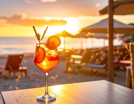 Cocktail on beach table with orange slices, straws, blurred umbrellas at sunset - Powered by Adobe