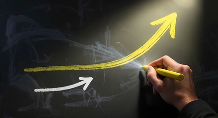 Hand Drawing a Yellow Arrow Indicating Growth and Progress on Blackboard.