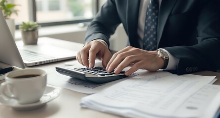 Close-up of a businessman using a calculator and working on financial documents at his desk.
