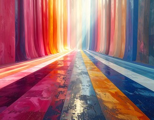 Colorful, curved lines of various hues converge, creating a vibrant, light-filled space