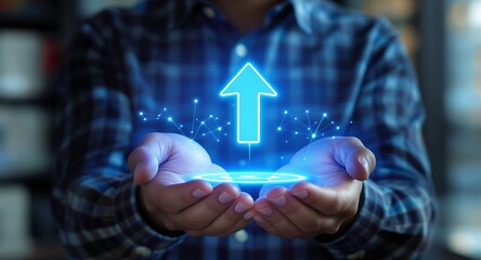 Person Holding a Glowing Digital Arrow Symbolizing Growth and Progress.