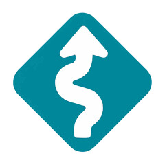 Duo-Tone Color Block Winding Road Ahead Warning Sign. Teal and White Silhouette Caution Symbol.