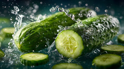 Fresh cucumbers splashing in water. Kitchen still life. Possible use Food photography