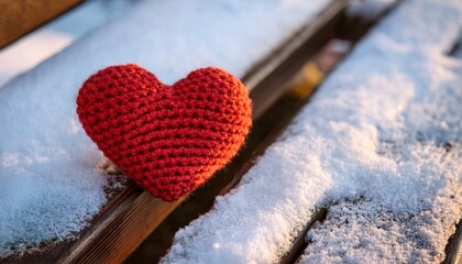 Fototapeta premium knitted heart on snowy wooden bench