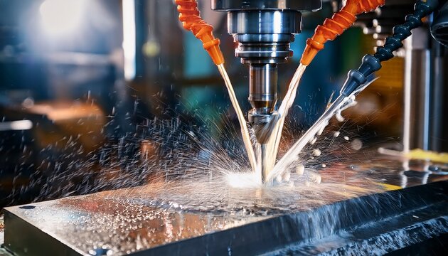 high precision cnc milling machines process parts in an industrial workshop coolant slowly flows onto the workpiece concept of modern production and metalworking