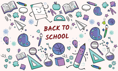 Back to school doodle set, vector hand drawn wax crayon kids education print, cartoon stationery. Colorful pencil student supply objects, backpack, classroom items. Cute back to school illustration