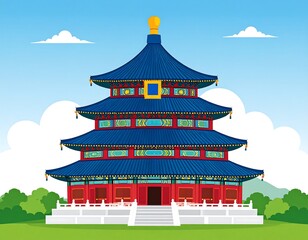 Colorful depiction of a traditional Asian pagoda with ornate architecture, blue roof
