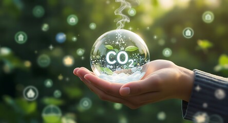 Hand Holding a Globe with CO2 Symbol and Greenery, Environmental Concept.