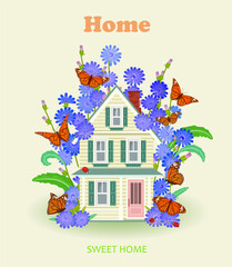 card sweet home with tiny cozy house surrounded by chicory flowers and flying butterflies