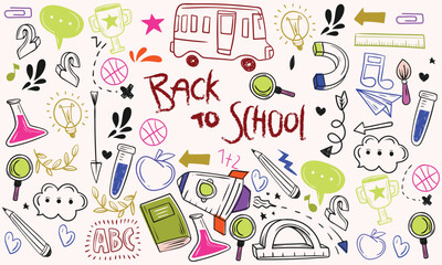 Back to school doodle set, vector hand drawn wax crayon kids education print, cartoon stationery. Colorful pencil student supply objects, backpack, classroom items. Cute back to school illustration