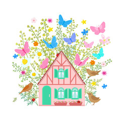 tiny cozy pink house surrounded by plants, flowers and colorful different flying butterflies.