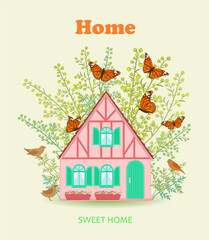 card sweet home with tiny cozy pink house surrounded by plants and flying butterflies